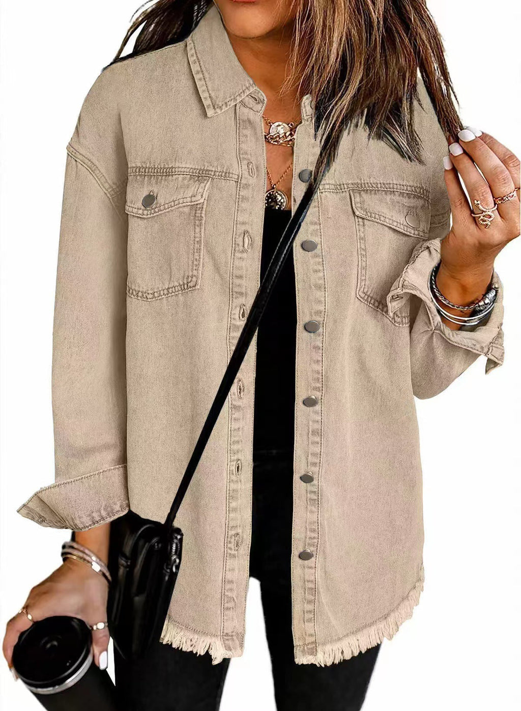 Women's Oversized Denim Shirt with Fringes, Size