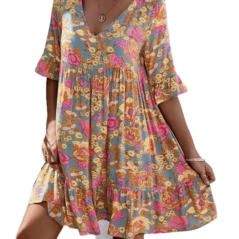 Damen Freizeitkleid mit V-Ausschnitt und fließendem Schnitt Drune