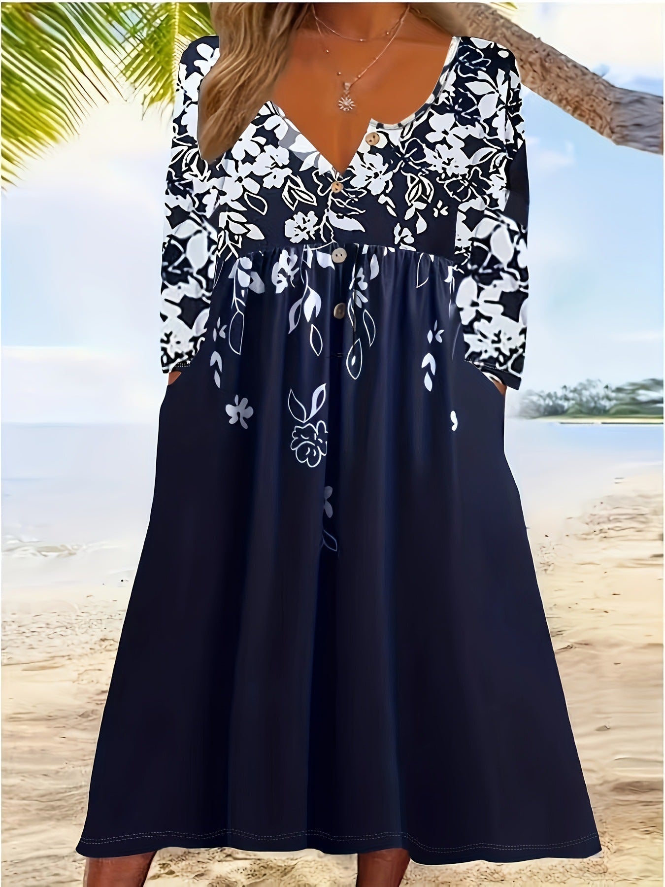Damen fließendes Midikleid mit Blumenmuster und praktischen Taschen, Größe [size]