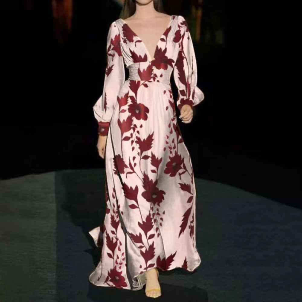 Damen Eleganter Maxi Jumpsuit mit Blumenmustern und tiefem V-Ausschnitt Größe