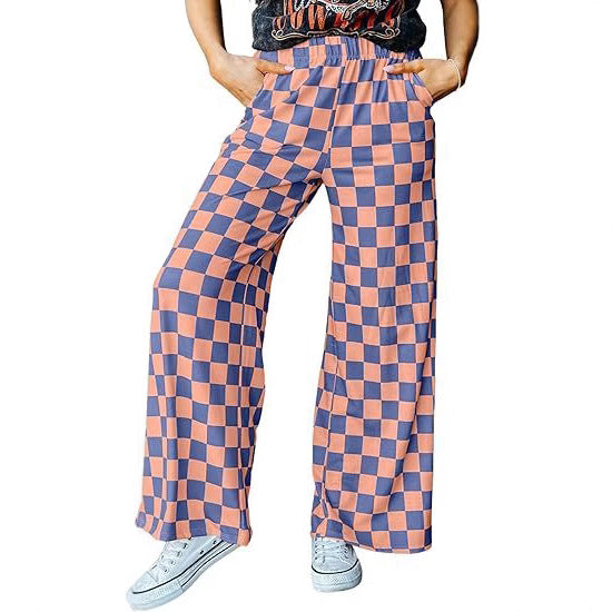 Women's checked palazzo trousers with elasticated waistband and practical side pockets, size Valenzora