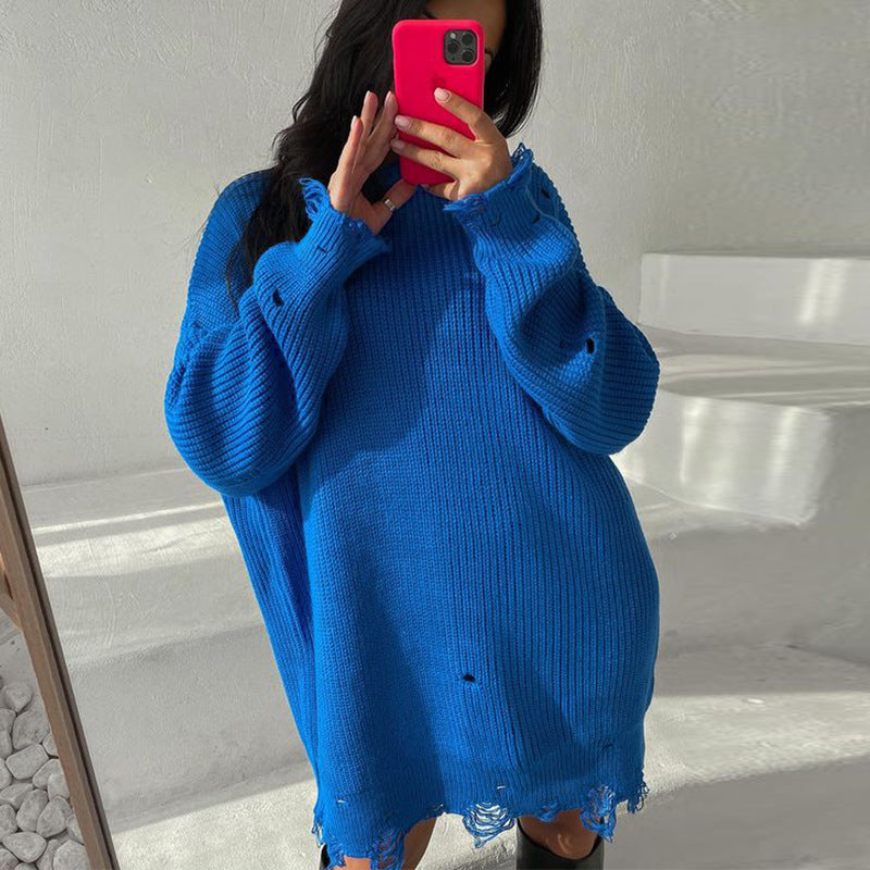 Valenzora Ripped O Neck Oversized Sweater Dress