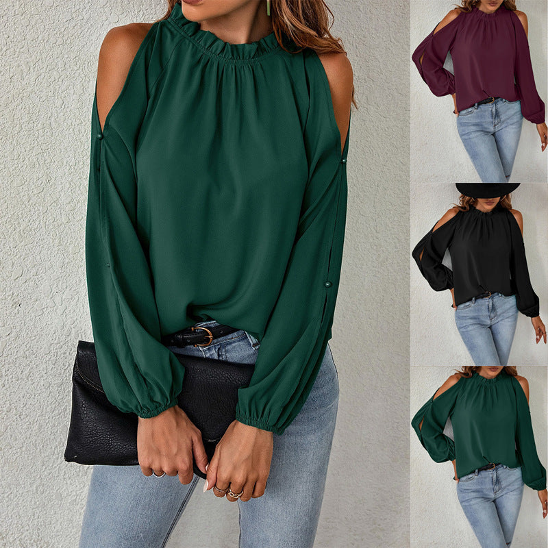 Women's chic top with off-the-shoulder panels and elegant ruffle details, size [size]