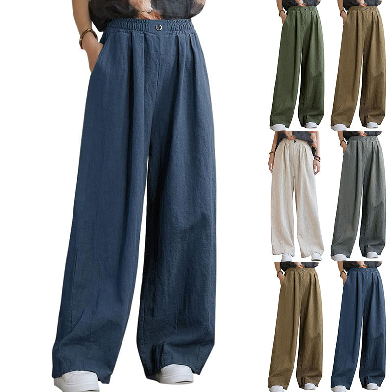 Women's wide linen trousers with elasticated waistband and feminine pleats, size