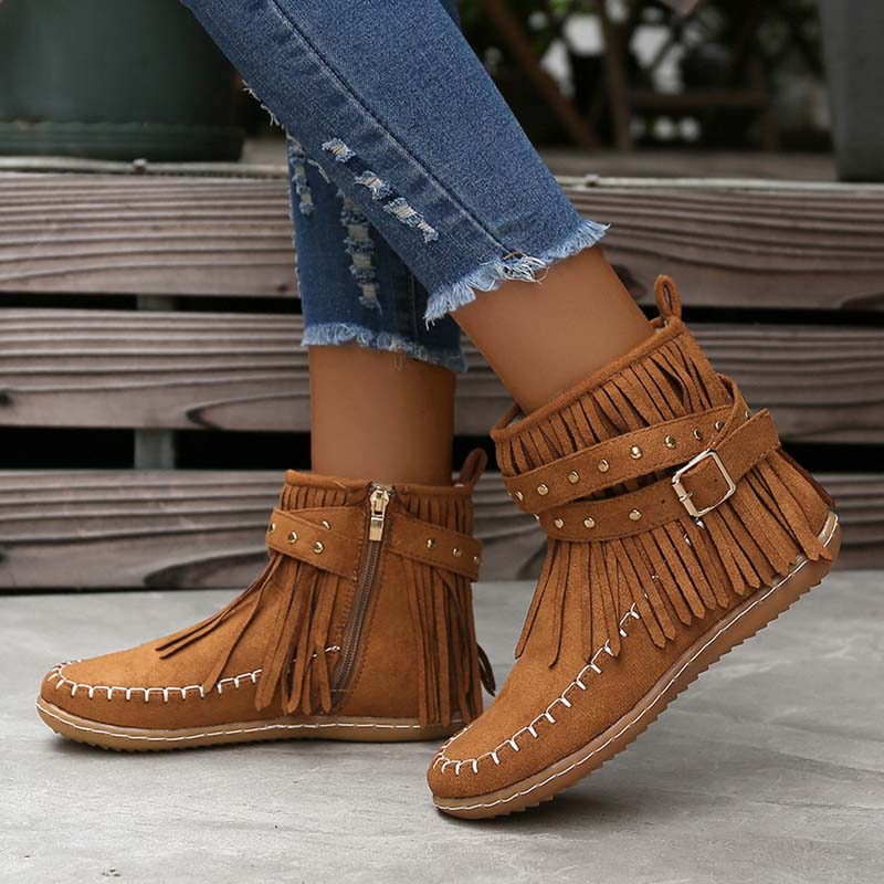 Valenzora | Boho ankle boots with fringes and buckles for women