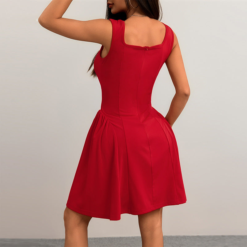 Women's A-line dress with square neckline and lined skirt, size