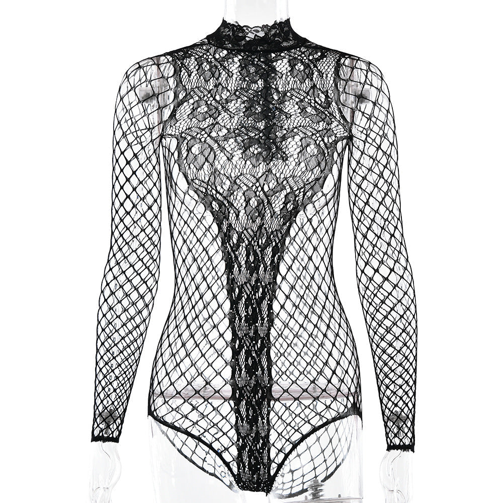 Women's erotic lace bodysuit with sophisticated mesh design, size