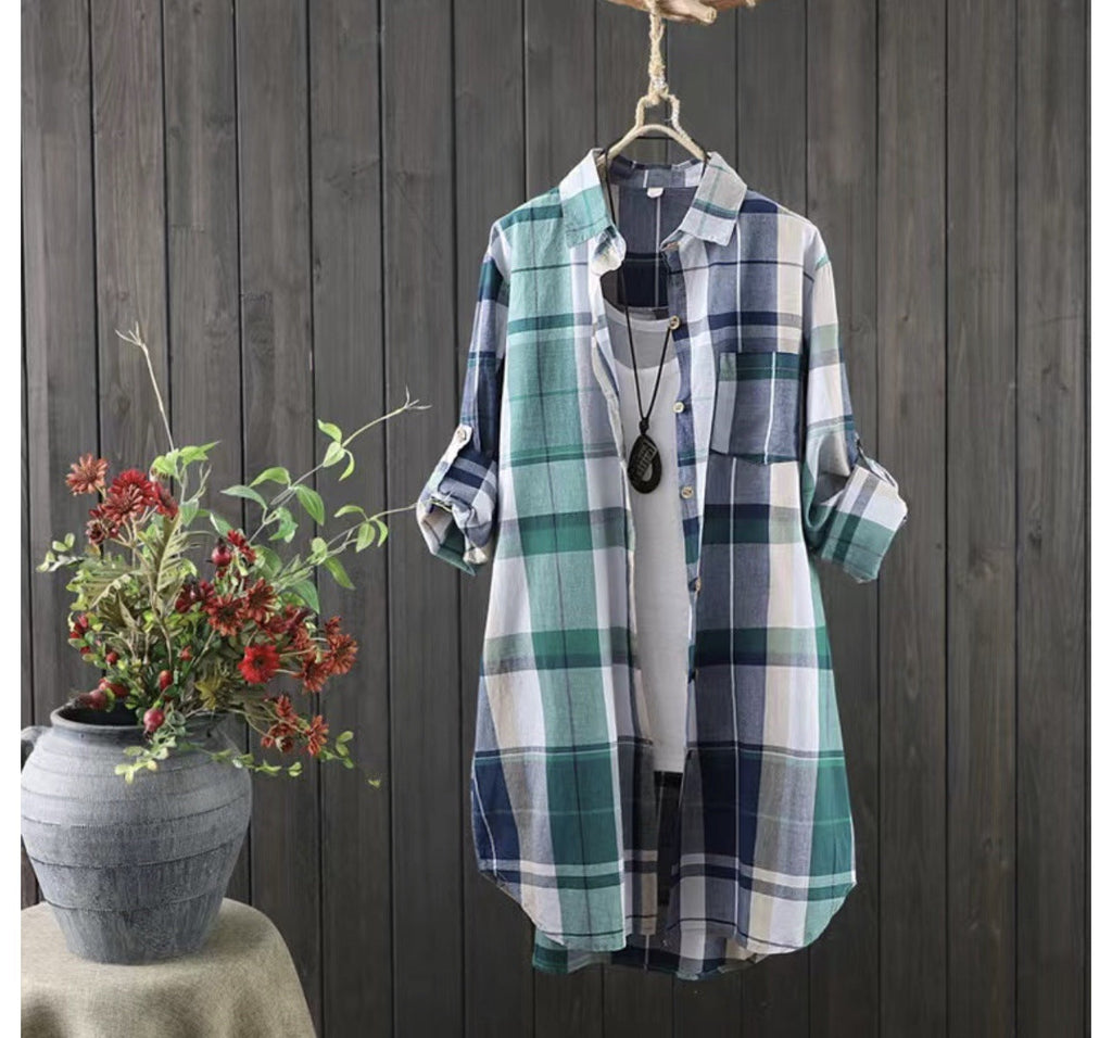 Damen-Bluse kariert im Relaxed Fit mit geknöpften Ärmeln und praktischen Taschen, Größe S