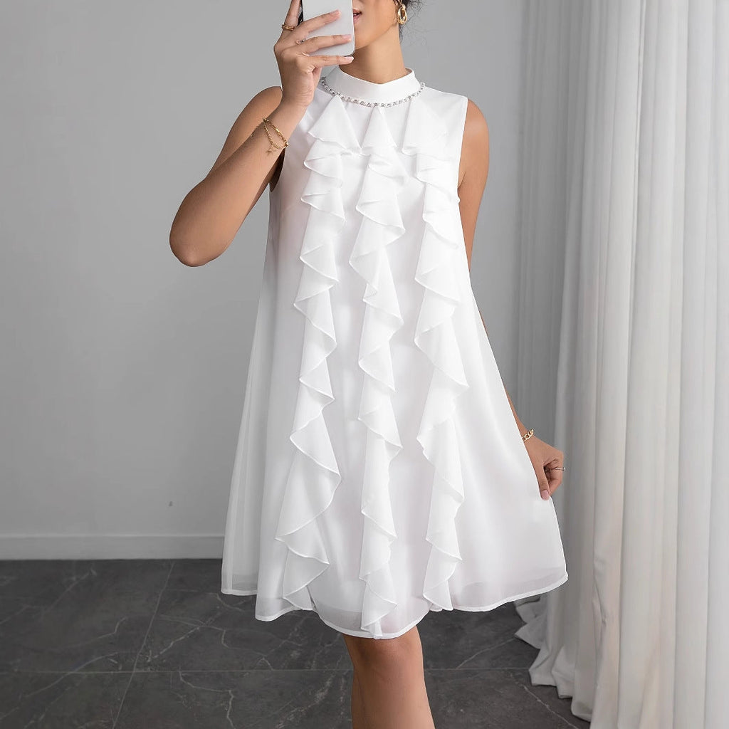 Damen-Chiffonkleid mit voluminösen Rüschendetails und elegantem Stehkragen, Größe [Größe fehlt]
