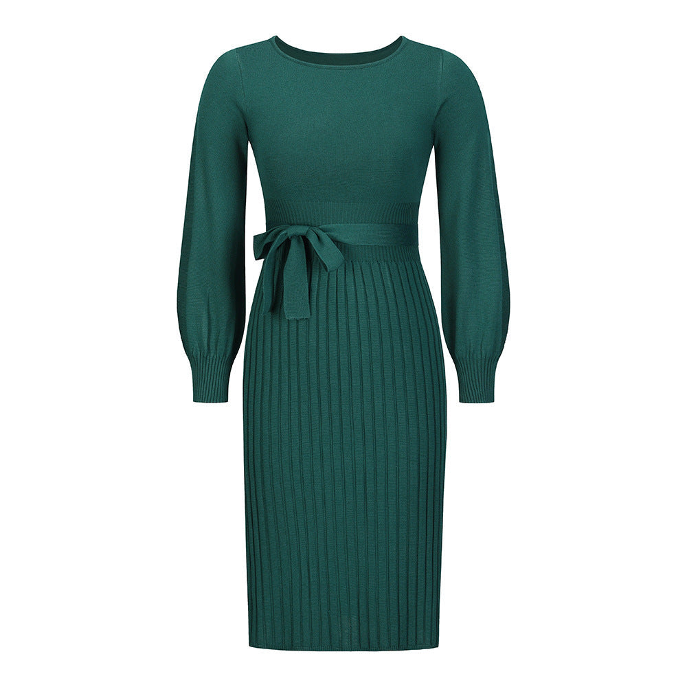 Damen-Strickkleid mit verstellbarem Gürtel und langen Ärmeln, Größe