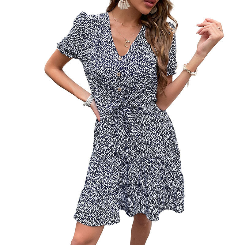 Damen-Sommerkleid mit geknöpftem V-Ausschnitt und eleganter Taille, Größe