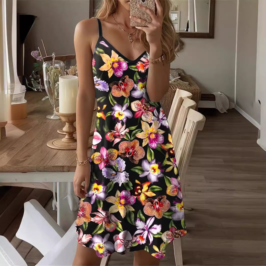 Women's summer dress with floral print and adjustable straps, size