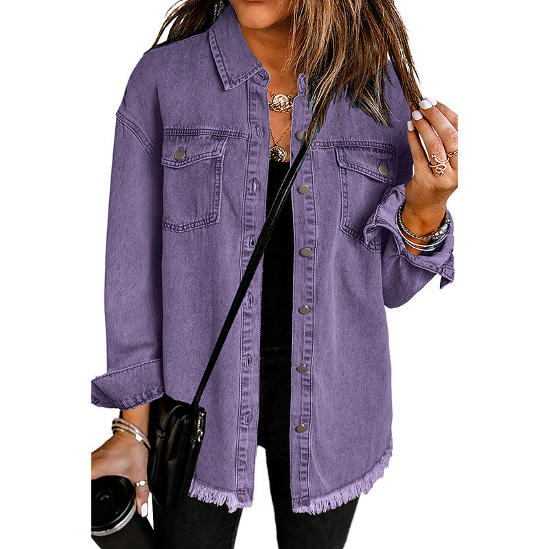 Women's denim shirt jacket with rounded hem and detachable pockets, size S