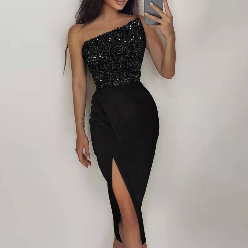 Women's evening dress with asymmetrical design and sparkling sequins, size