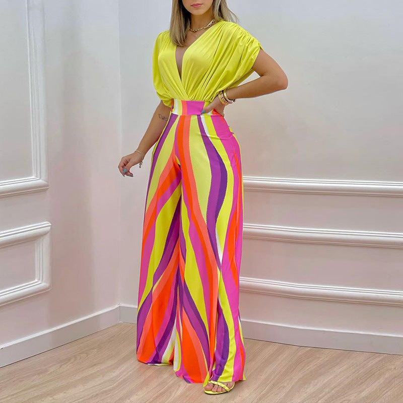 Women's jumpsuit with deep V-neck and wide leg, size