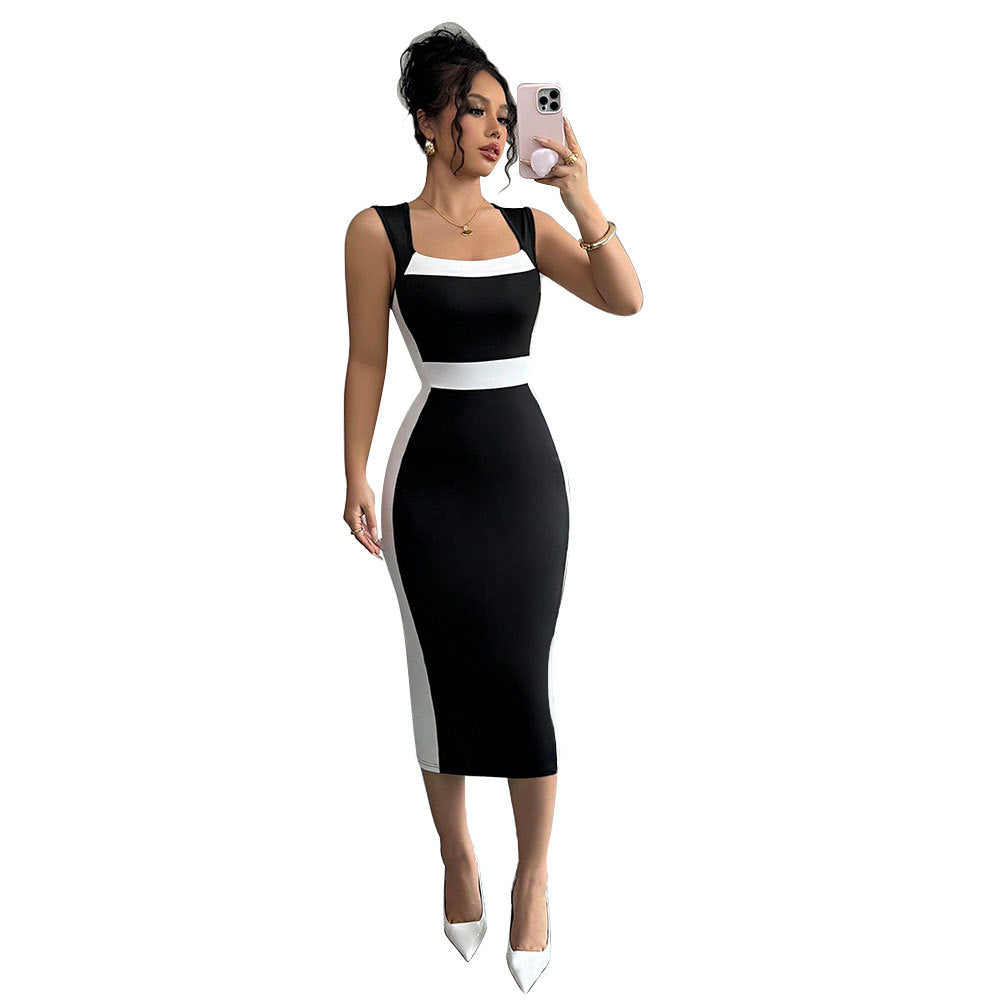 Figurbetontes Midi-Damenkleid mit elegantem Farbkontrast und schickem Ausschnitt, Größe [Größe fehlt]