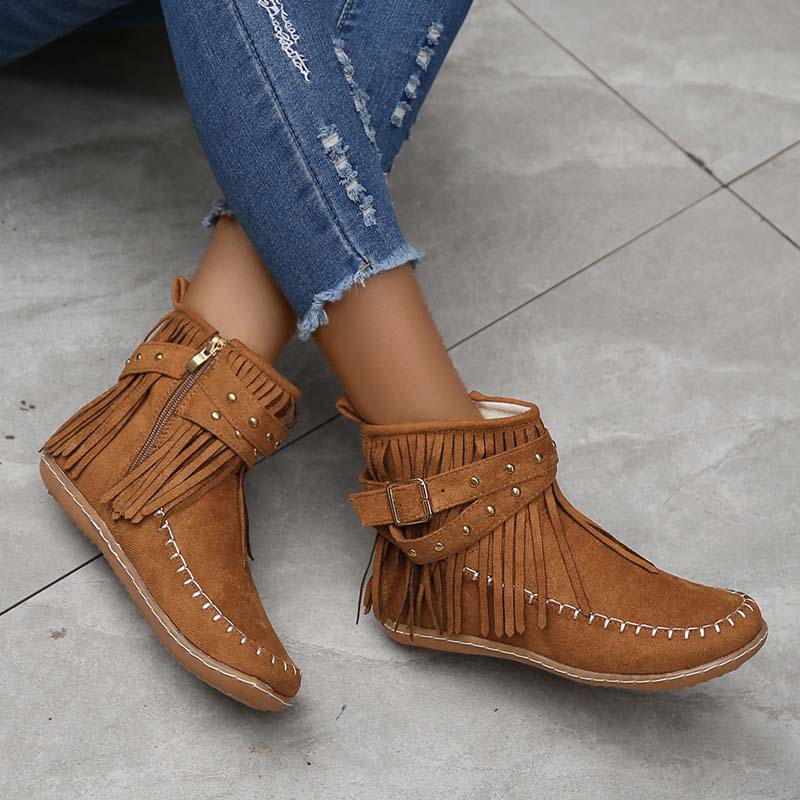 Valenzora | Boho ankle boots with fringes and buckles for women