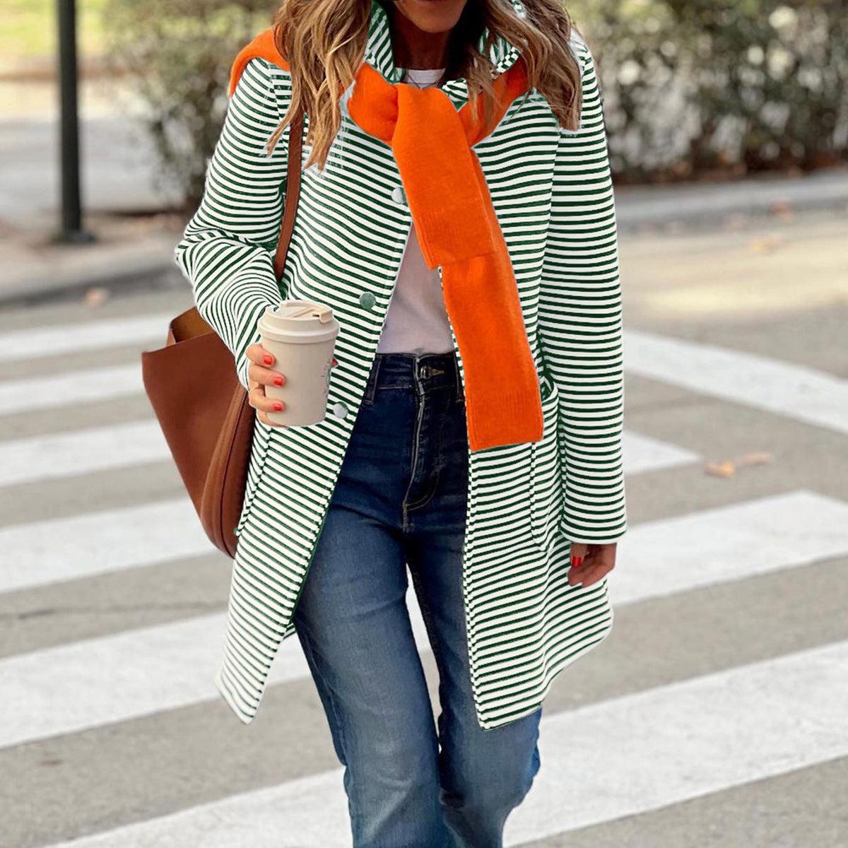 Women's striped trench coat with fashionable scarf and high functionality, size S