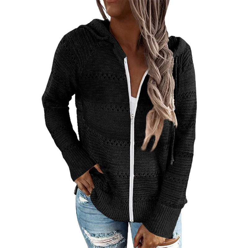 Women's casual cardigan with hood and decorative openwork pattern, size