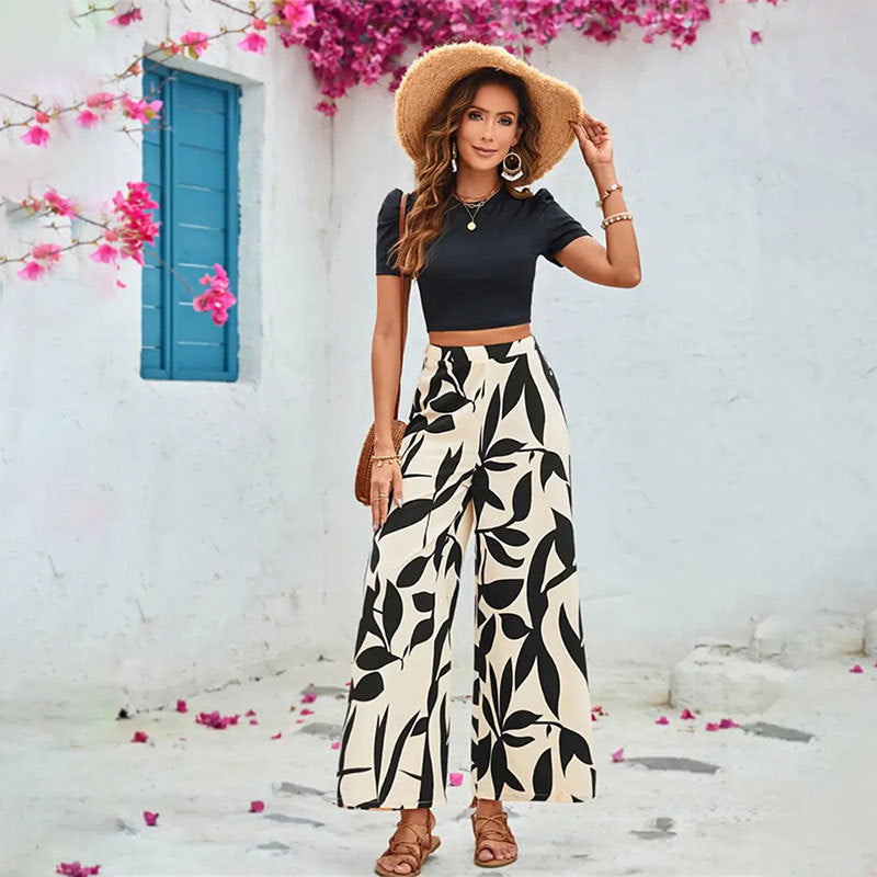 Women's Elegant Wide Leg Trousers with Floral Pattern Size