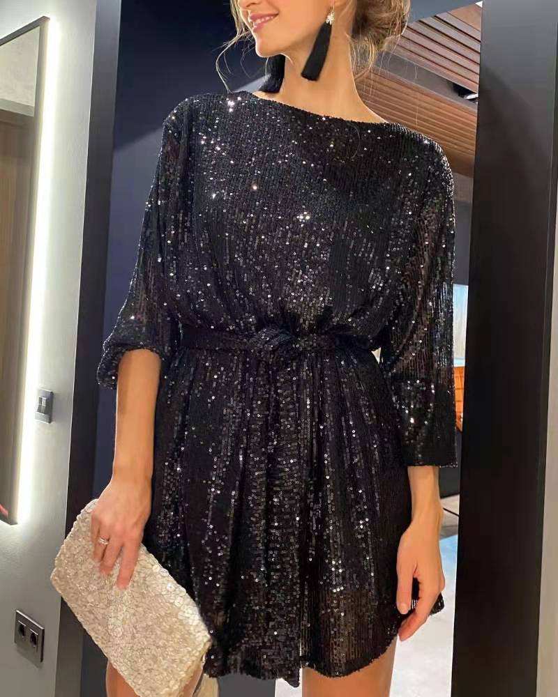 Valenzora | Holiday party wear sequined waist belt dress