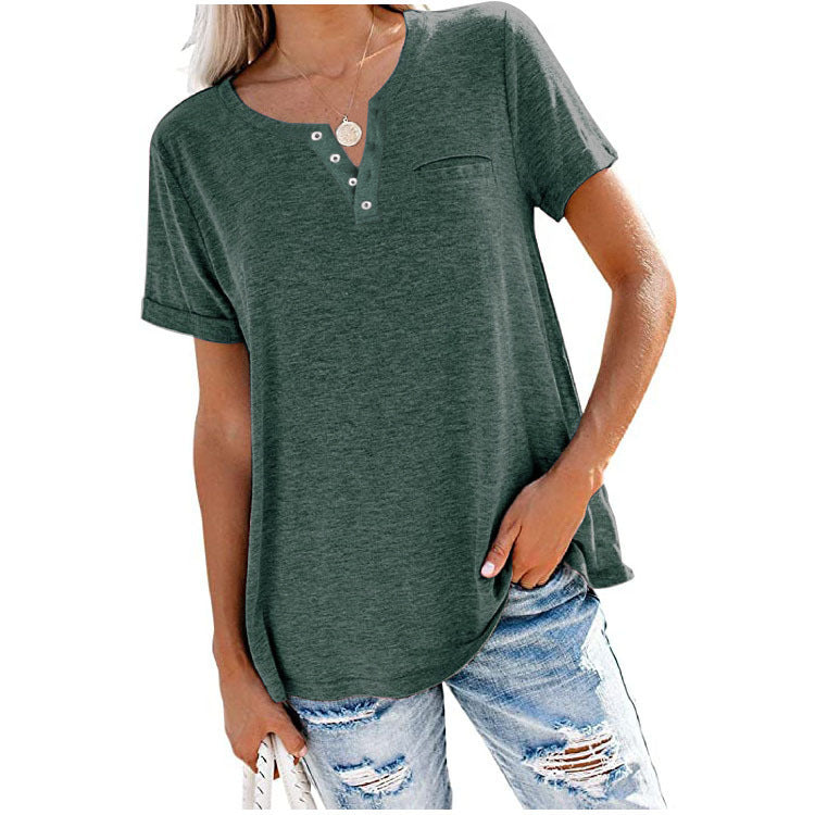 Women's casual T-shirt with button placket and chest pocket, size