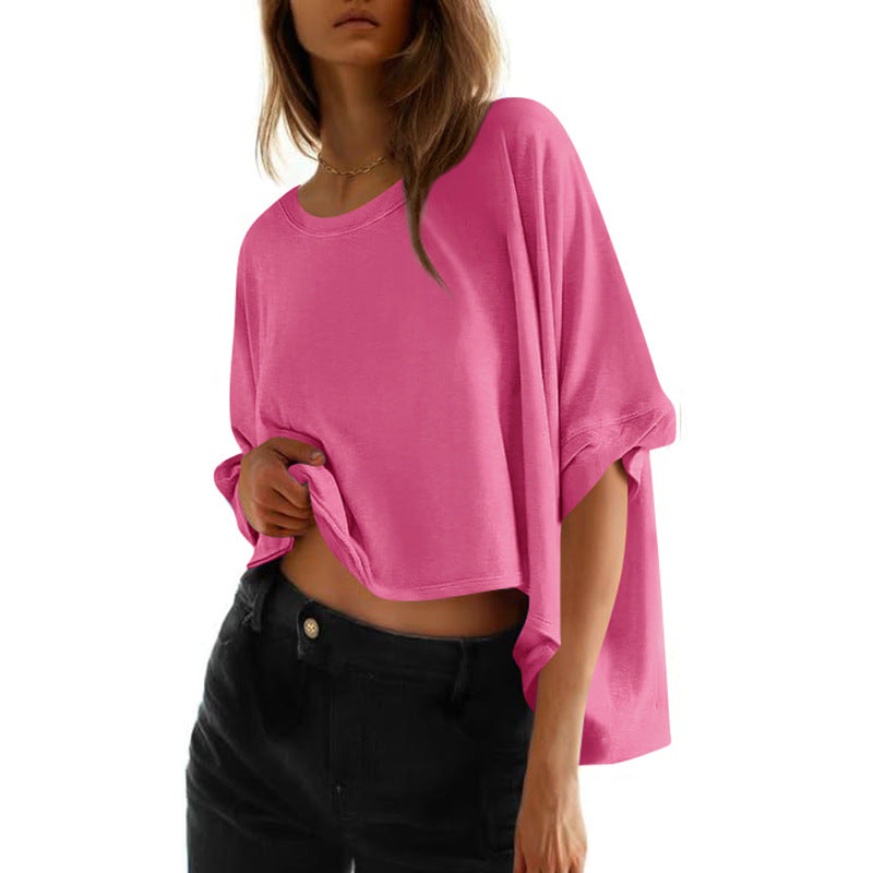 Women's casual cropped top with wide sleeves and round neckline, size