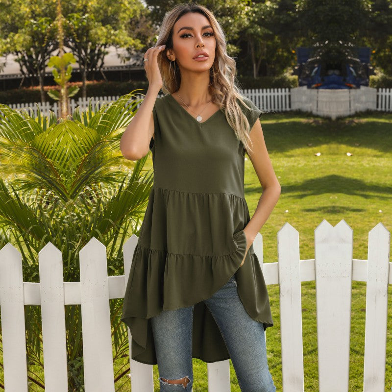 Damen ärmelloses Tunika-Kleid mit asymmetrischem Saum und schickem Volant Drune