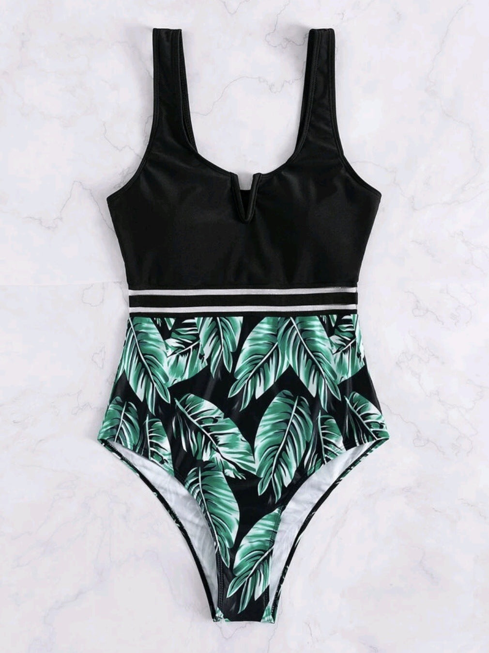 Damen High-Waist-Badeanzug mit V-Ausschnitt und modernem Blattmuster, Größe