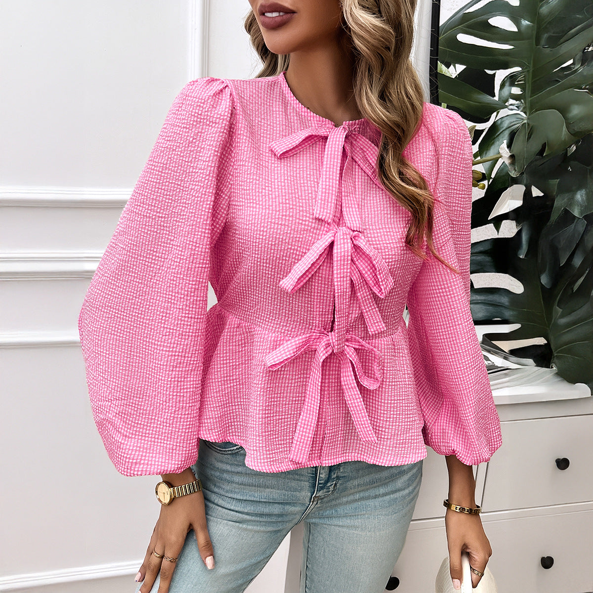 Women's blouse with decorative ribbons and flounced sleeves, size