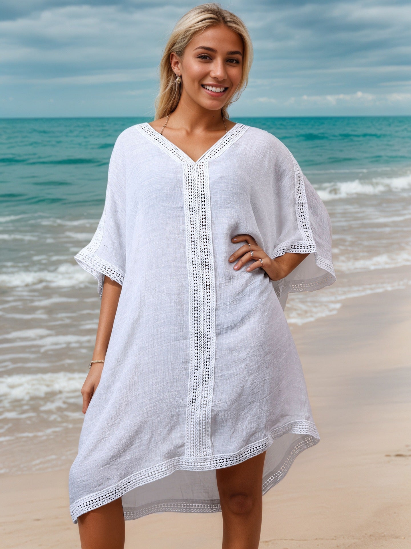 Women's beach dress with decorative crochet details and asymmetrical hem, size S