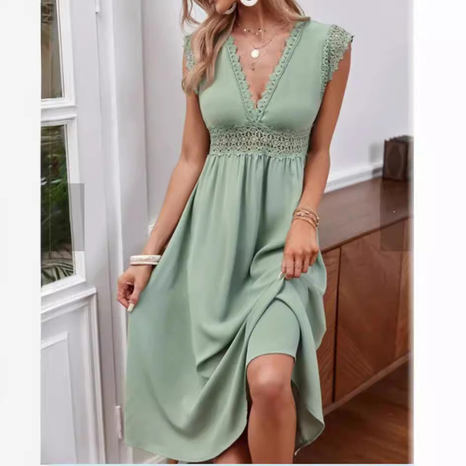 Valenzora | Lace Hollow Patchwork V-Neck Dress