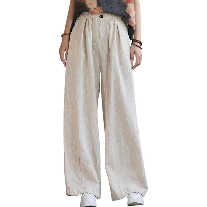 Women's wide linen trousers with elasticated waistband and feminine pleats, size