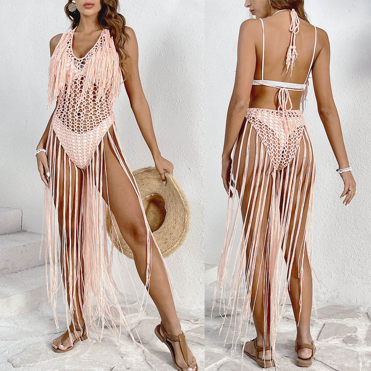 Women's crochet beach dress with fringed details and deep V-neck, size [size]