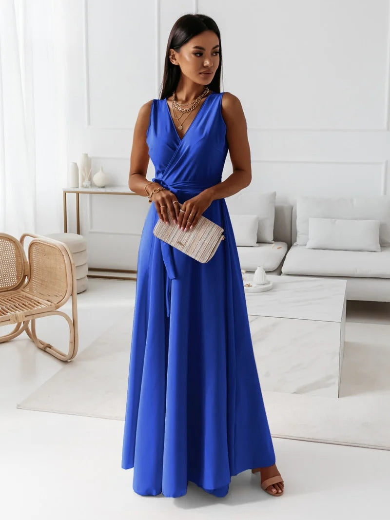 Elegant maxi dress for women – sleeveless V-neck evening dress in solid colors, long dress for weddings & summer parties
