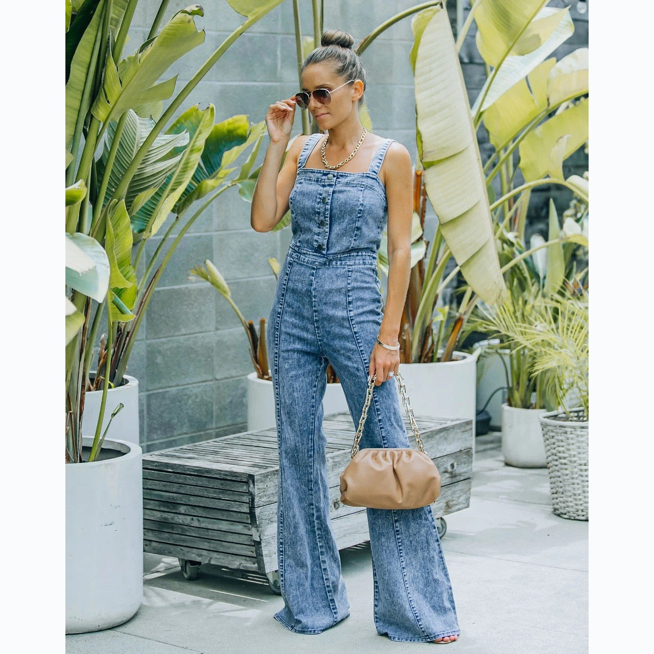 Damen-Overall im lässigen Denim-Look mit weitem Bein und Zierknöpfen, Größe S