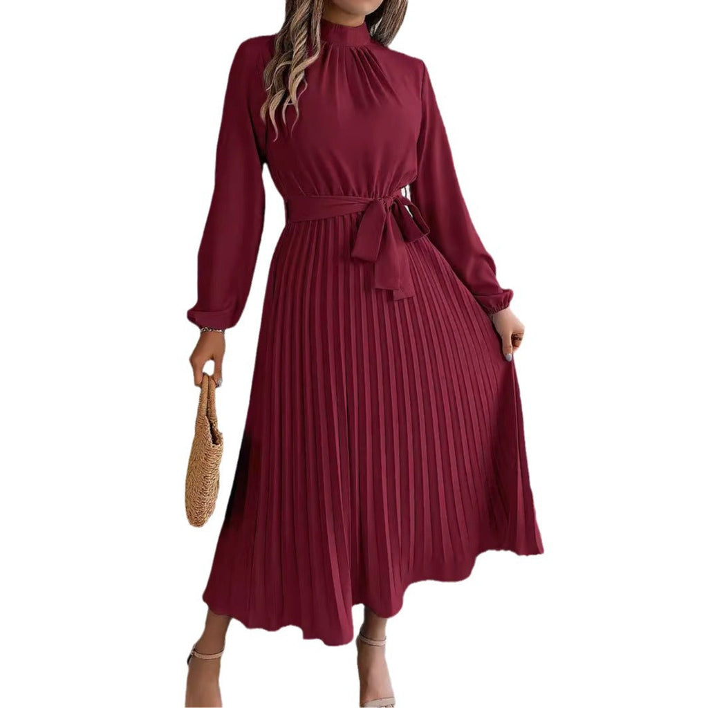 Valenzora | Elegant stand-up collar tailored pleated long skirt little dress