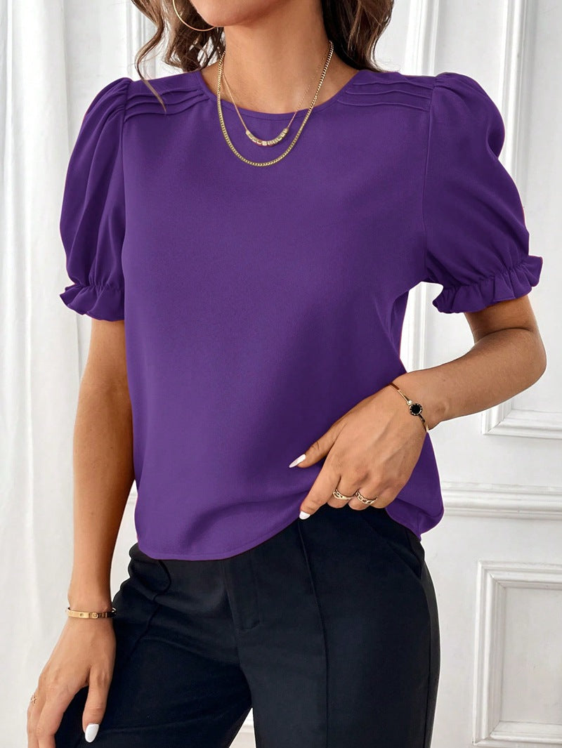 Valenzora Pure-Color Rundhals-Shirt-Oberteil mit Temperament