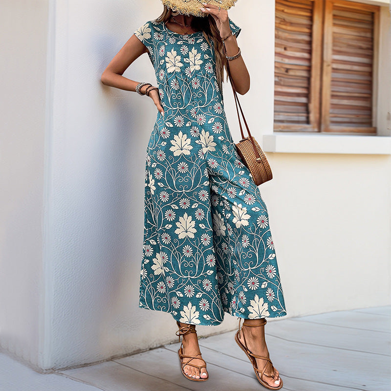 Damen-Jumpsuit mit Blumendesign und kastanienbraunem Bindegürtel, Größe