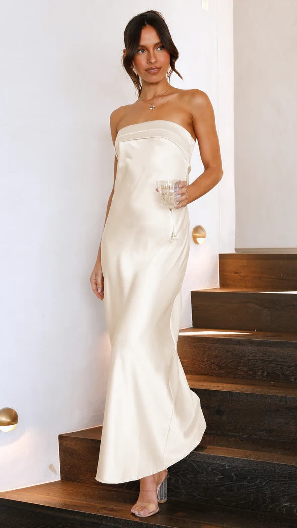 Valenzora | Spring Summer Elegant Socialite Satin Hollow Neck Backless Tube Top Dress Length