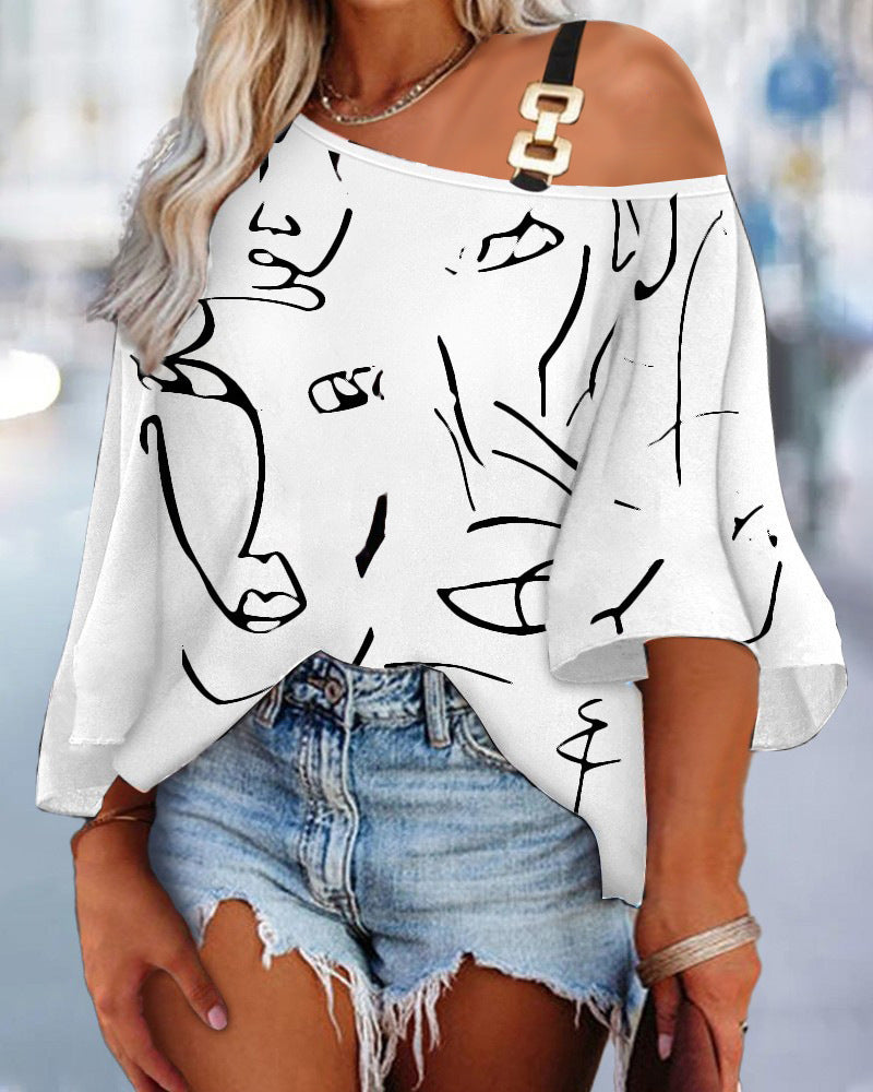 Women's asymmetrical top with a modern mix of patterns and trendy shoulder design, size