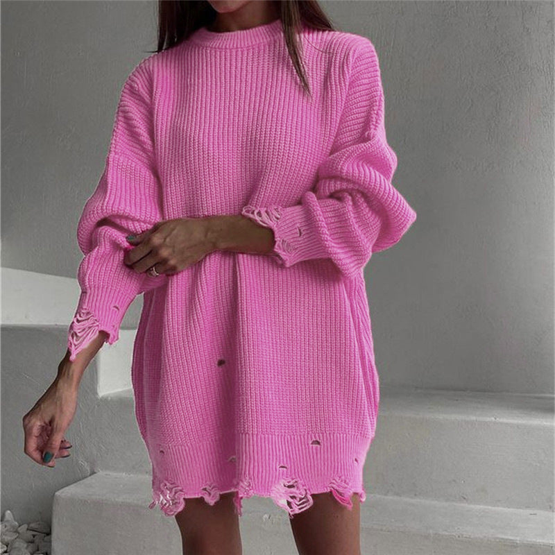 Valenzora Ripped O Neck Oversized Sweater Dress