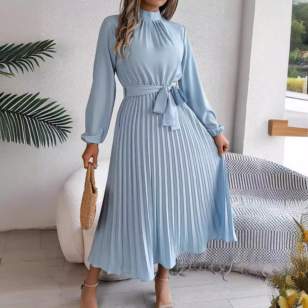 Valenzora | Elegant stand-up collar tailored pleated long skirt little dress