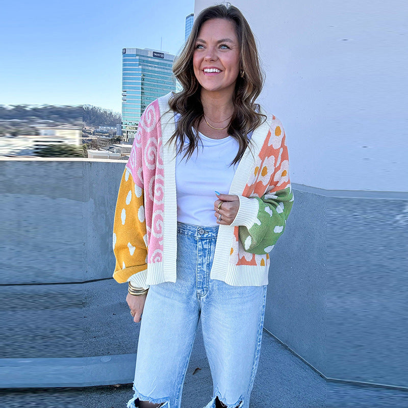 Women's patterned cardigan with a relaxed fit and colorful patterns, size [size missing]