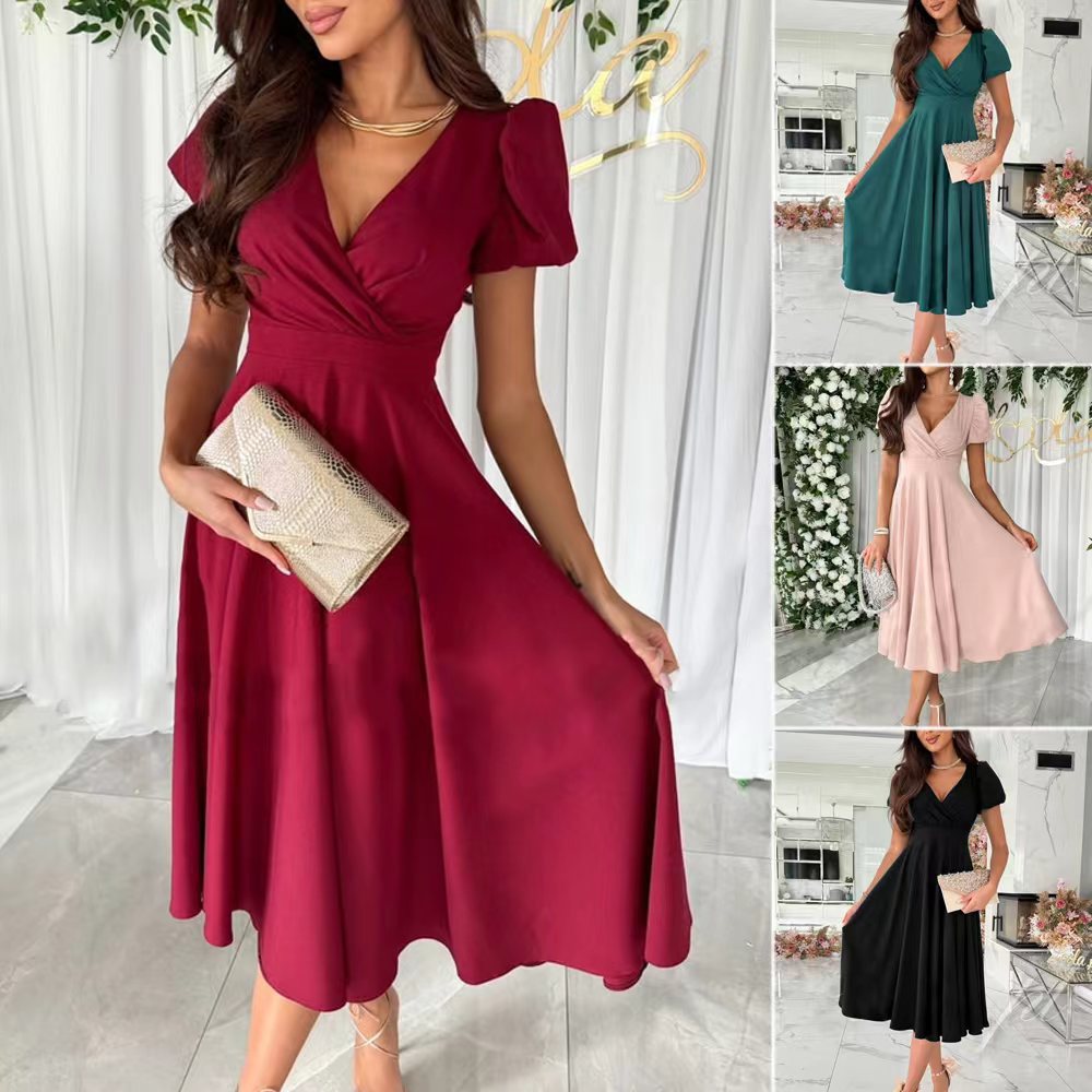 Valenzora | Elegantes Pendlerkleid mit V-Ausschnitt, Puffärmeln und durchgehend einfarbigem Design