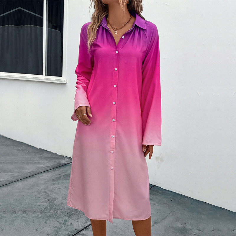 Women's midi dress with a modern color gradient and elegant shirt collar, size