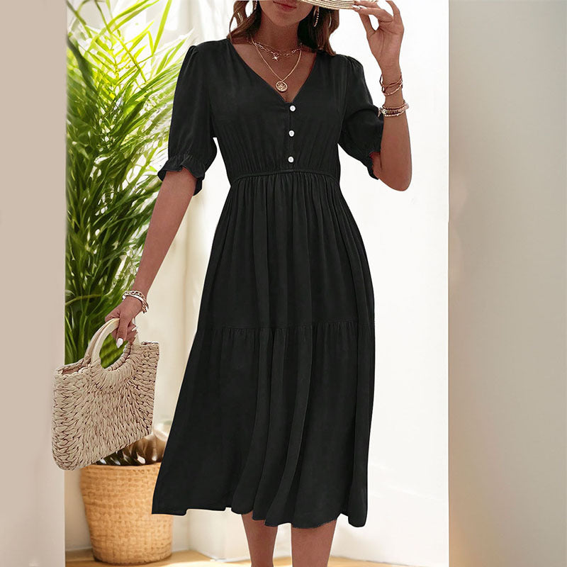 Damen-Midikleid mit geknöpftem V-Ausschnitt und luftigen Puffärmeln, Größe
