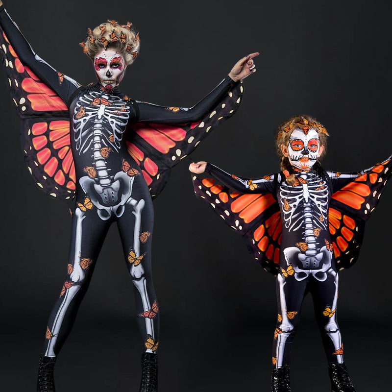 Women's bodysuit with skeleton pattern and butterfly wings, size