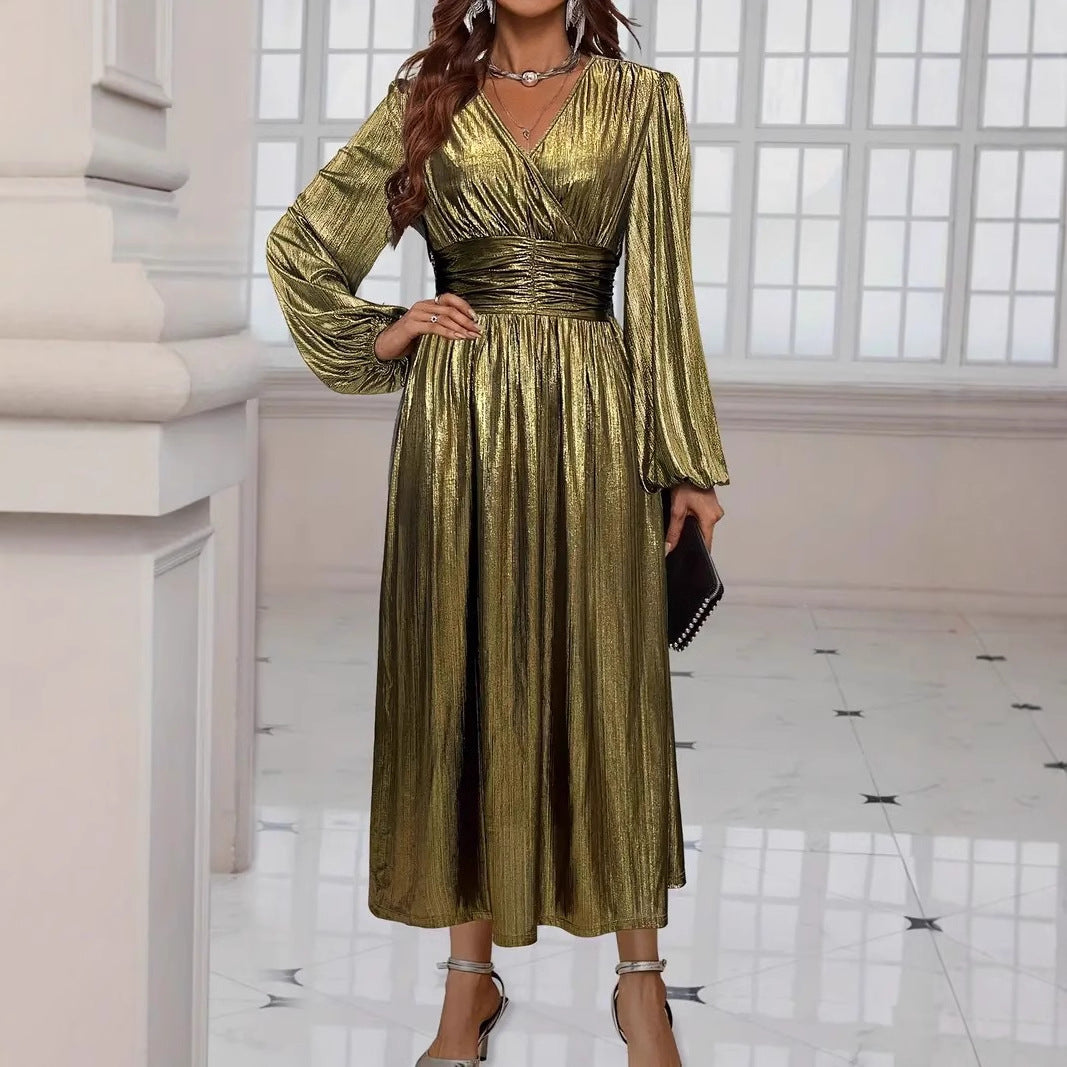 Women's elegant midi dress with metallic sheen and sophisticated puff sleeves, size [size]