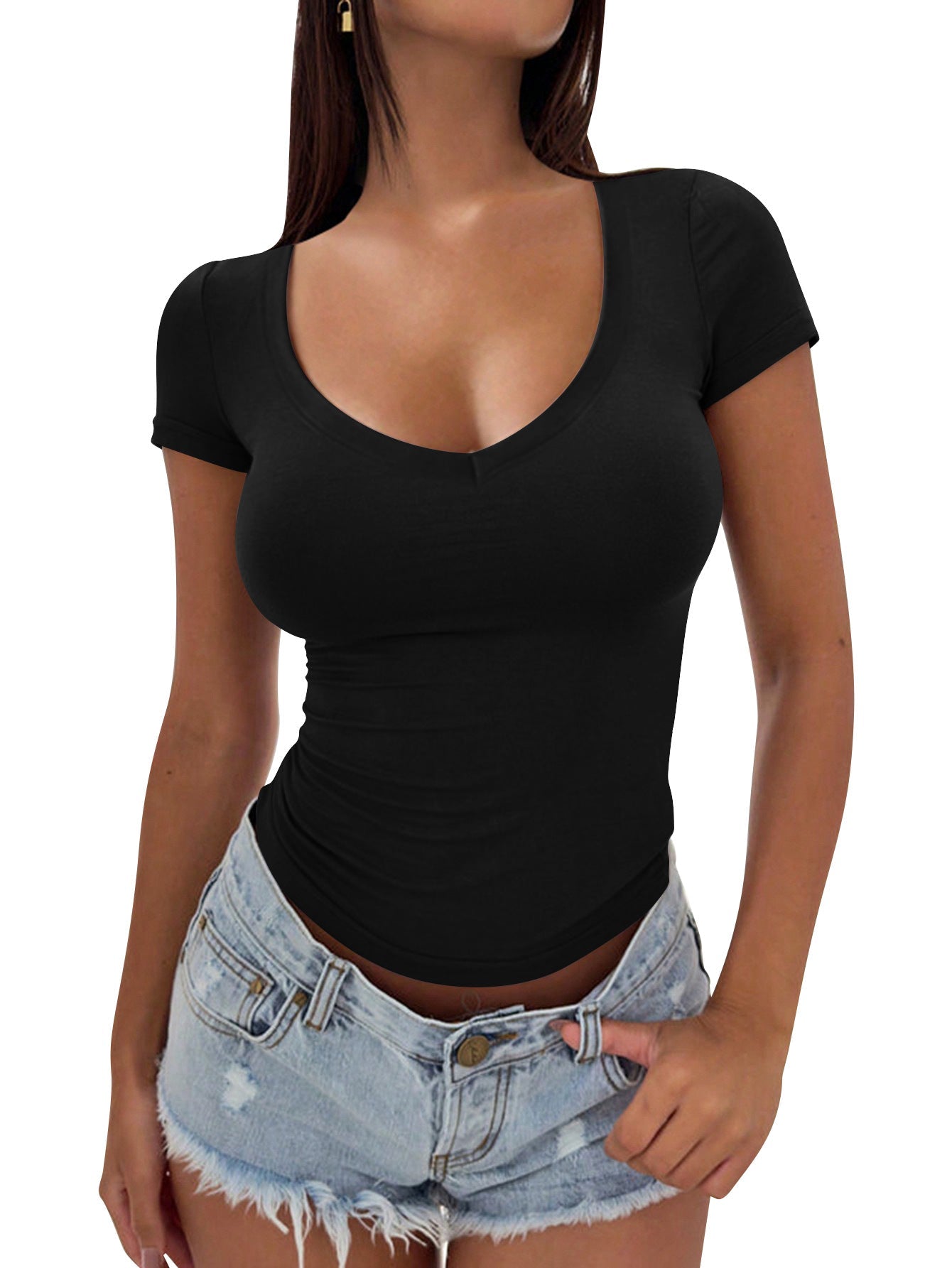 Tailliertes Damen-V-Shirt aus weichem Stretchmaterial, Größe